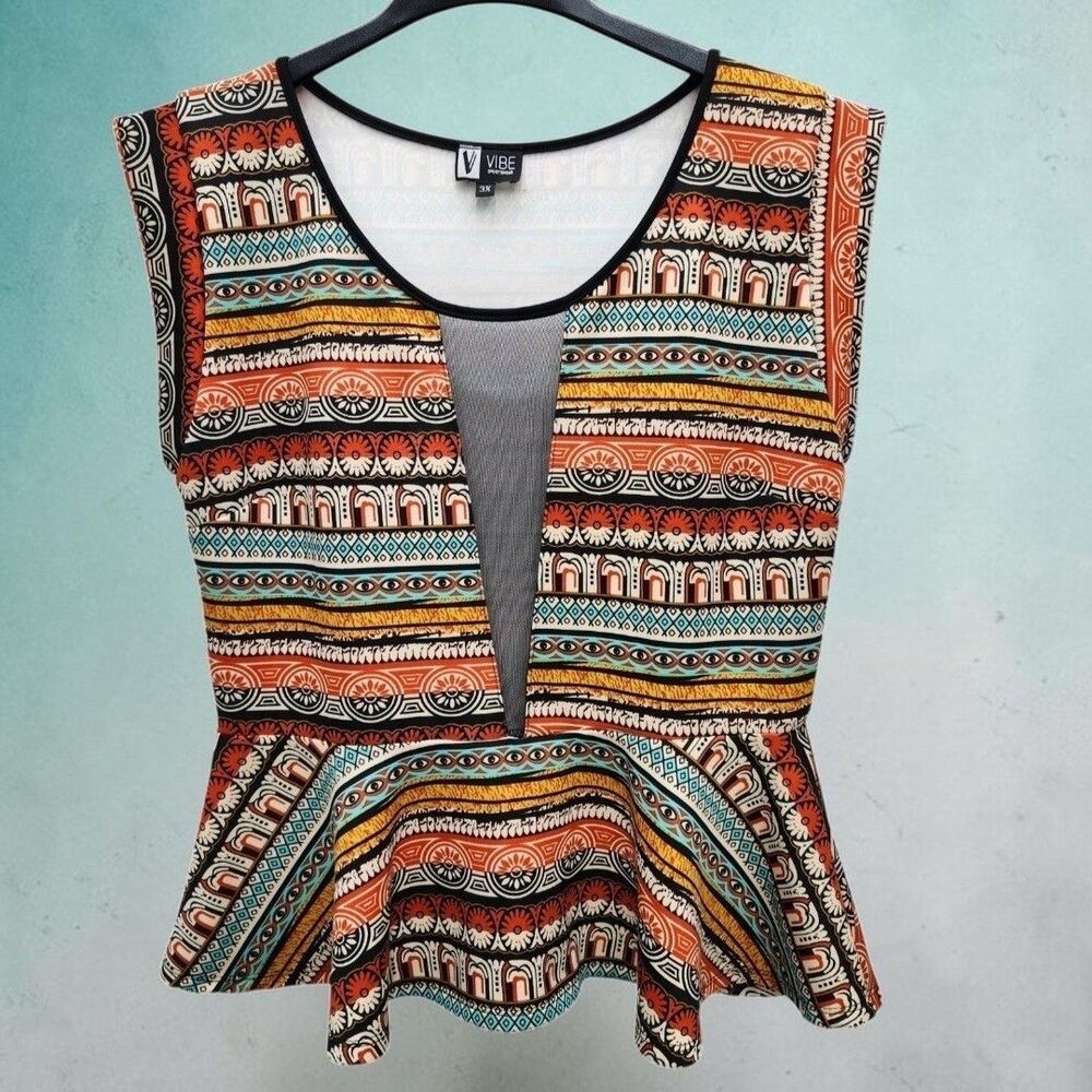 V Vibe Sportswear Peplum Top Womens 3X  Mesh Plunging V-Neck Tribal Aztec Boho
